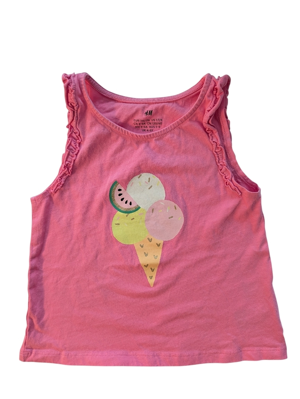 H&M Girls Pink Ruffle-Trim Tank Top with Ice Cream Print Cotton Size 5T/6